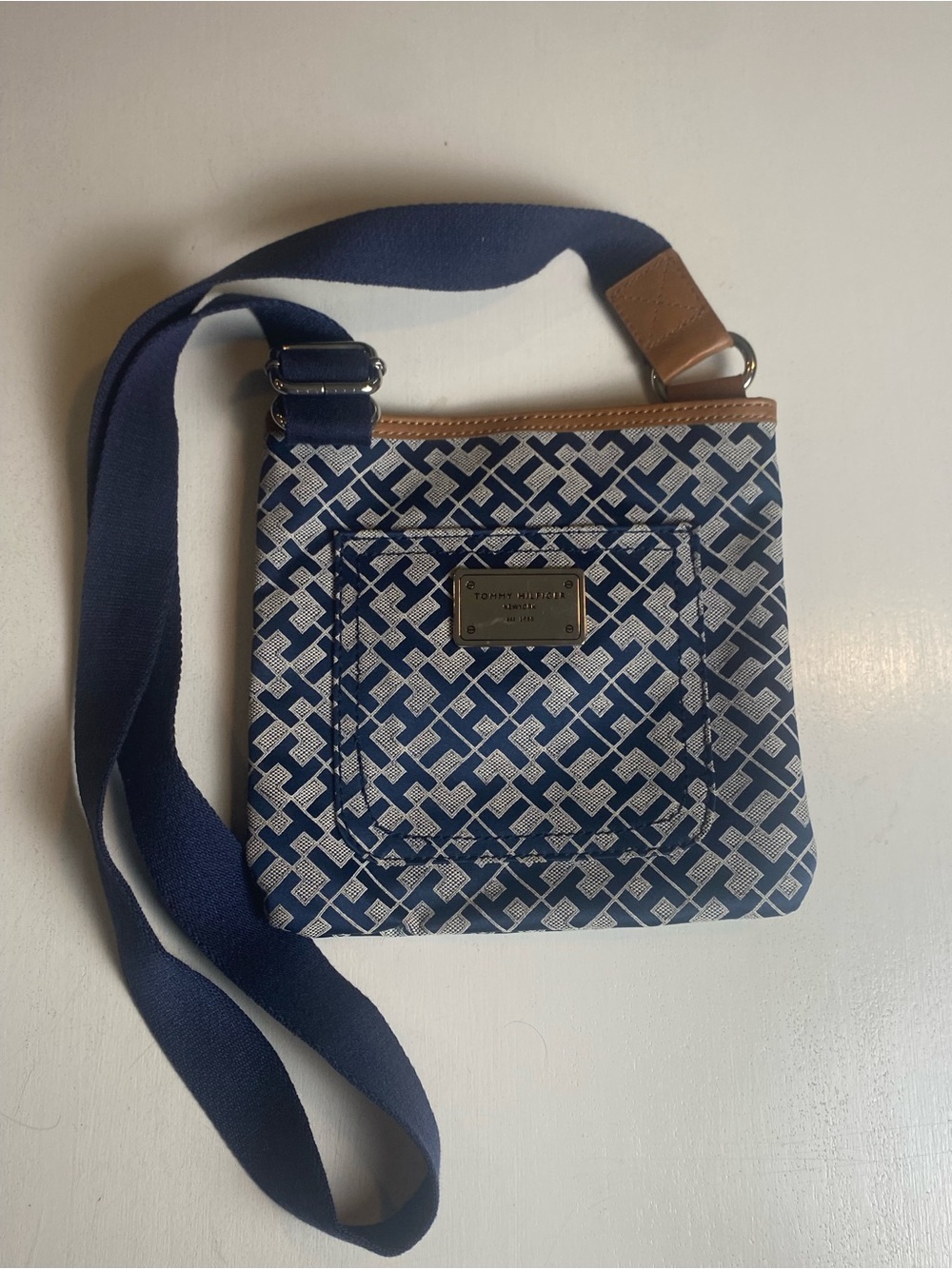 Tommy Hilfiger Navy and White Patterned Messenger Crossbody